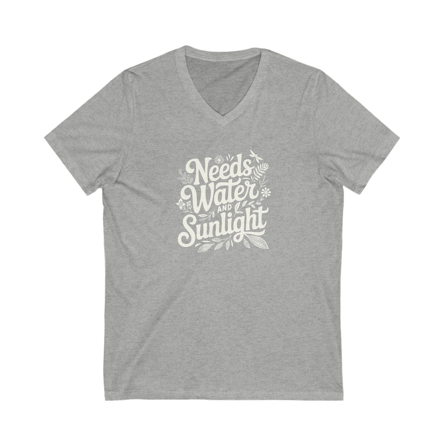Athletic Gray heather colored vneck t-shirt with white words that say 'Needs Water and Sunlight' in script style text with dragonfly, flower and leaf illustrations around the words.