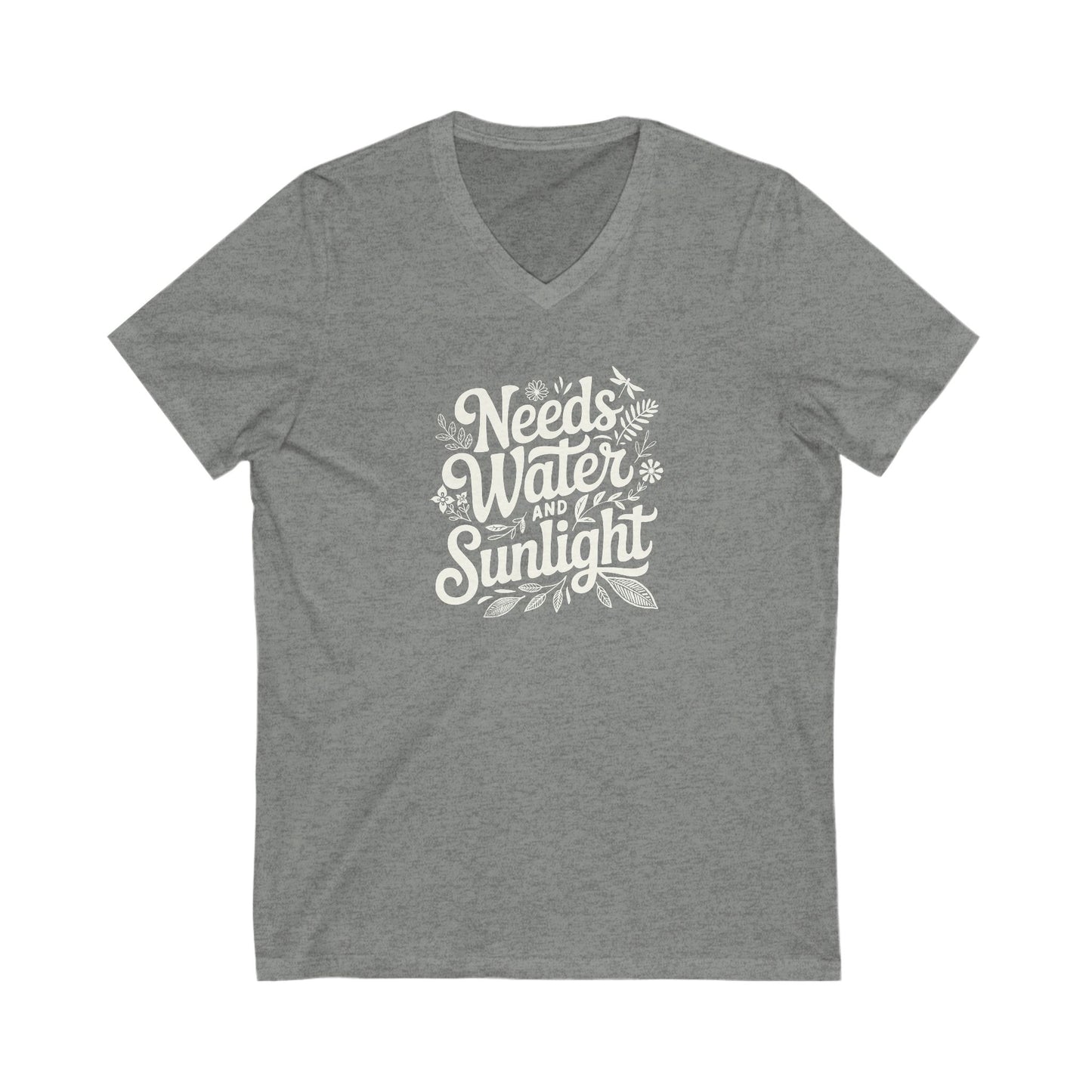 Medium Gray heather colored vneck t-shirt with white words that say 'Needs Water and Sunlight' in script style text with dragonfly, flower and leaf illustrations around the words.
