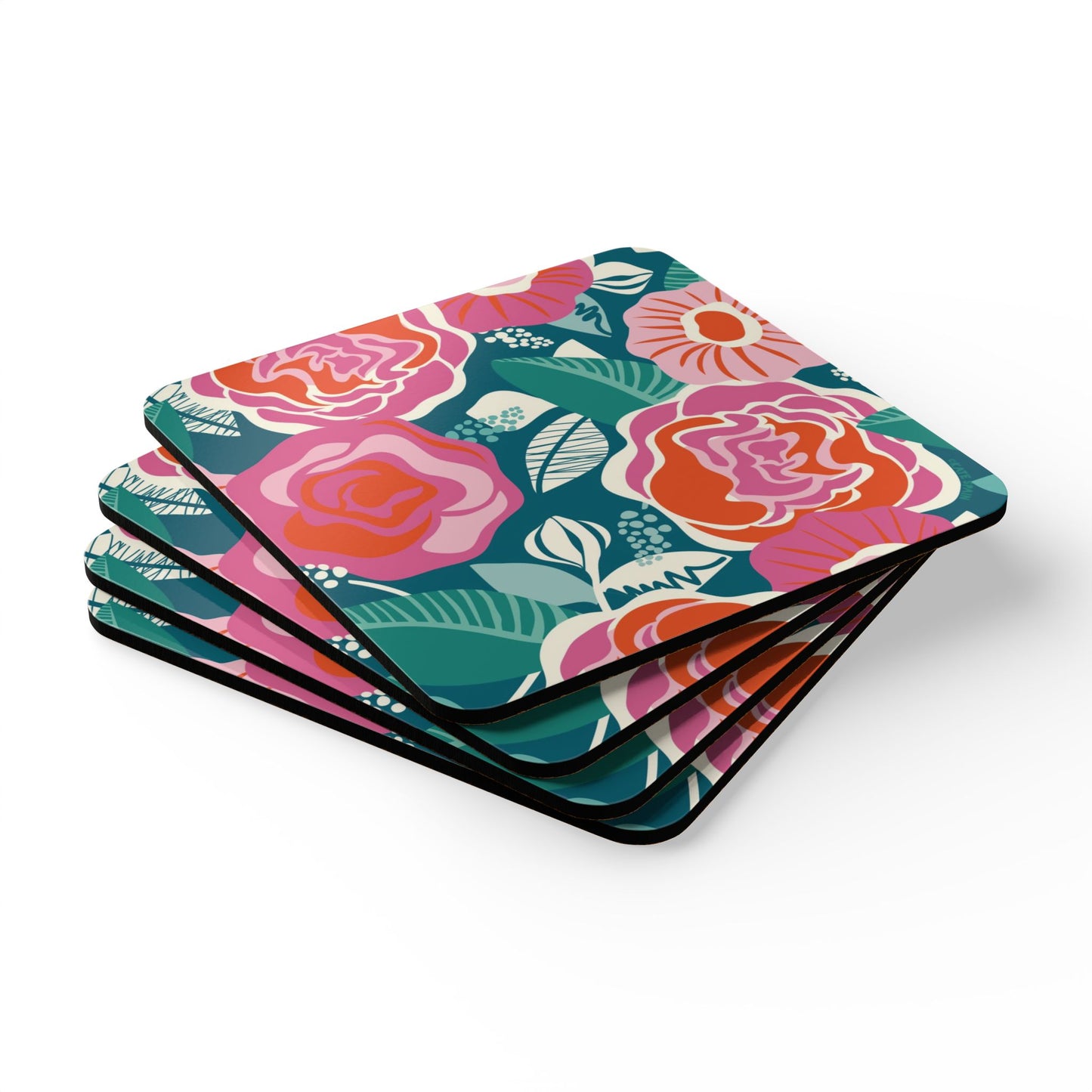 Set of four floral coasters with pink, orange, and teal colors on a white background