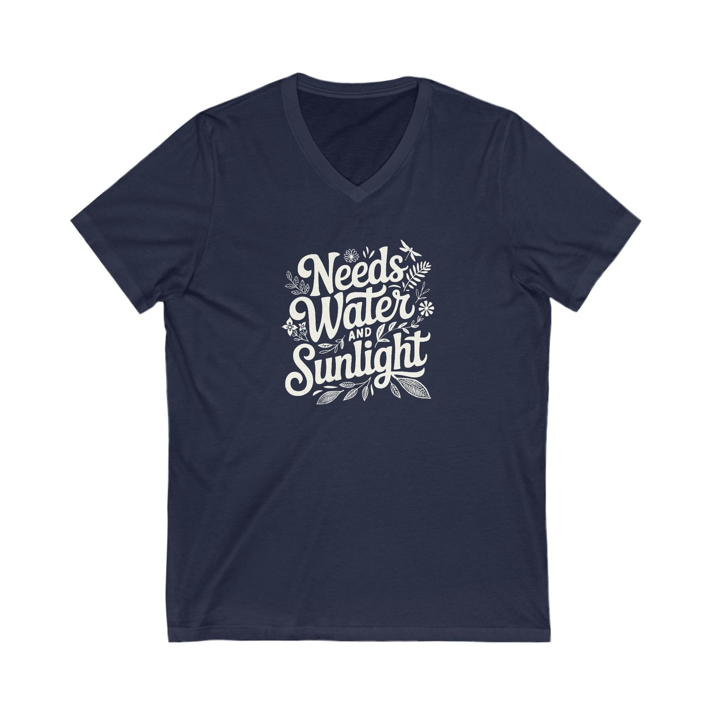 Navy Blue colored vneck t-shirt with white words that say 'Needs Water and Sunlight' in script style text with dragonfly, flower and leaf illustrations around the words.