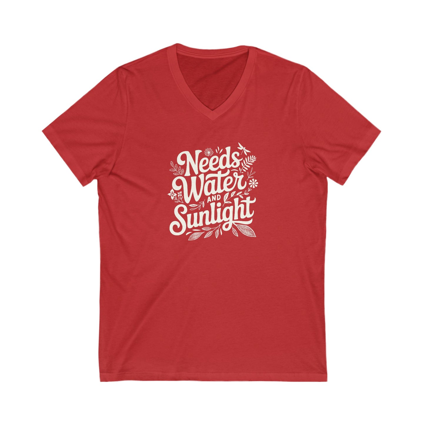 Red colored vneck t-shirt with white words that say 'Needs Water and Sunlight' in script style text with dragonfly, flower and leaf illustrations around the words.