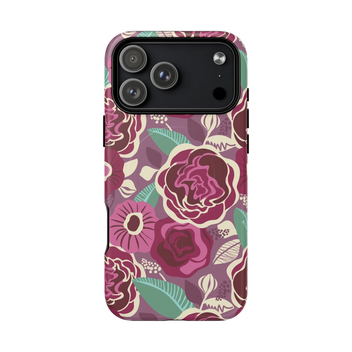 iPhone 17 Pro Max magnetic tough case featuring Tea Rose Burgundy pattern in matte finish
