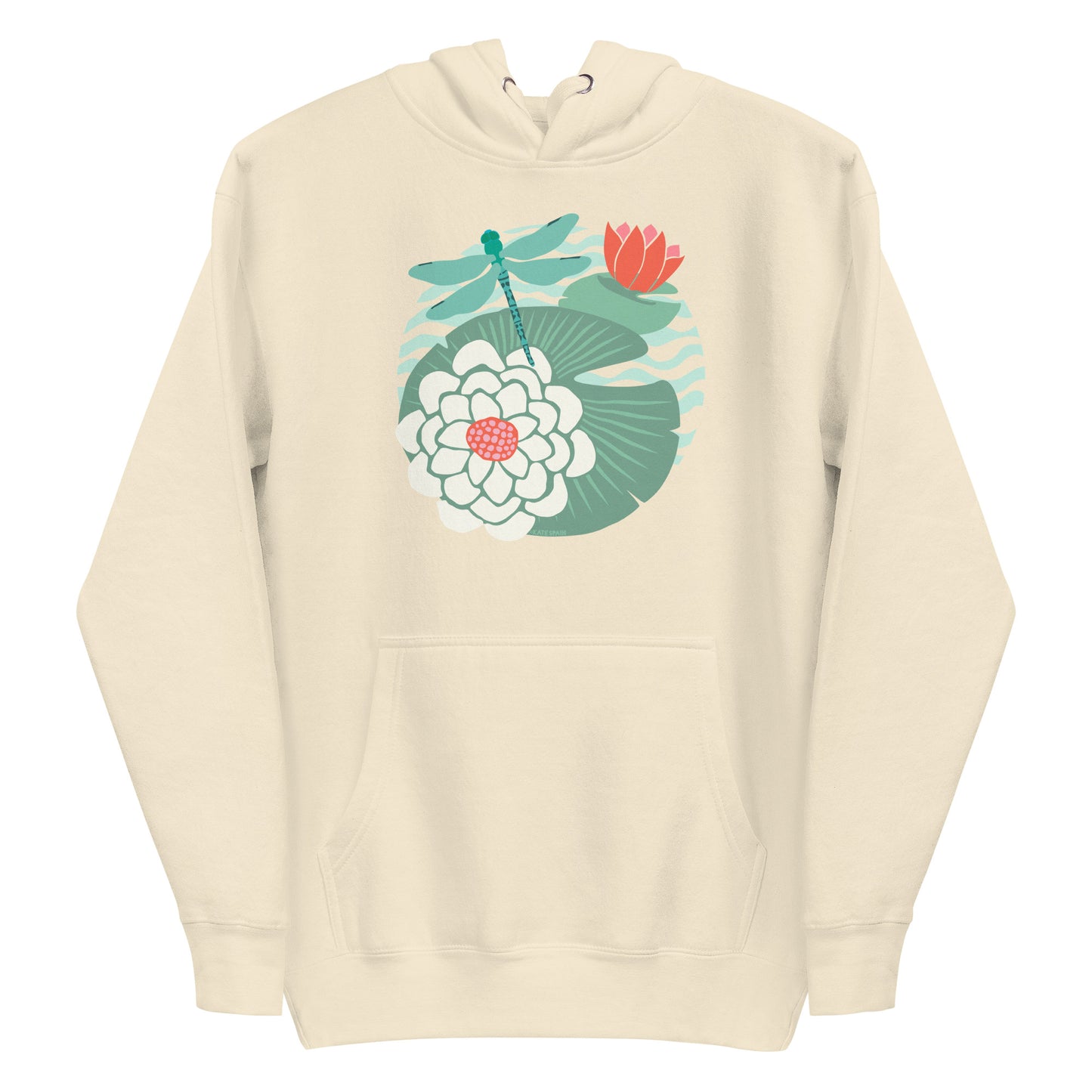 Illustrated dragonfly hovering over a green lily pad with pink and white water lily flowers on a rippled circular pond, printed on a soft premium off-white bone colored hoodie sweatshirt.