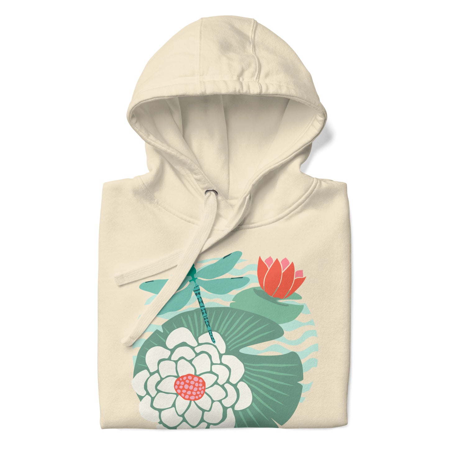 Illustrated dragonfly hovering over a green lily pad with pink and white water lily flowers on a rippled circular pond, printed on a soft premium off-white bone colored hoodie sweatshirt.