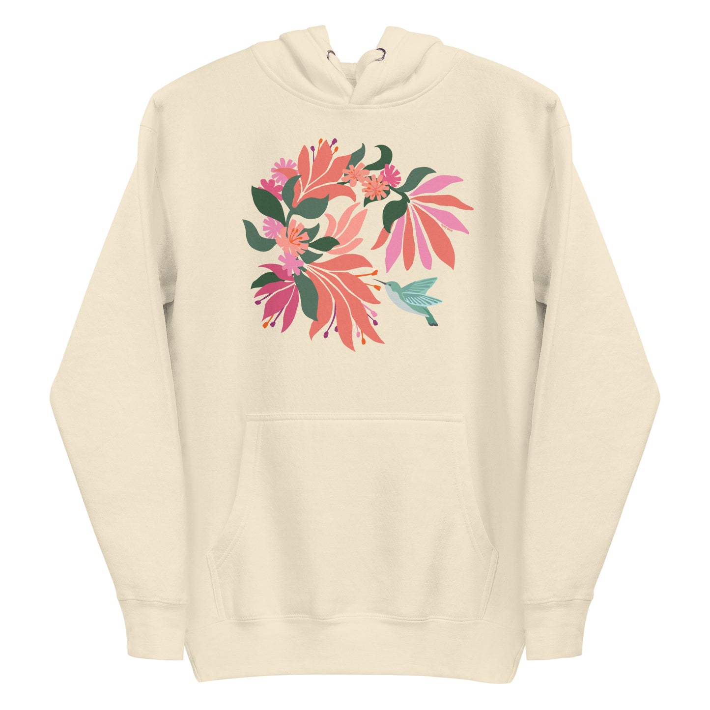 Folded off-white colored hoodie sweatshirt with large tropical flower design and small hummingbird graphic.