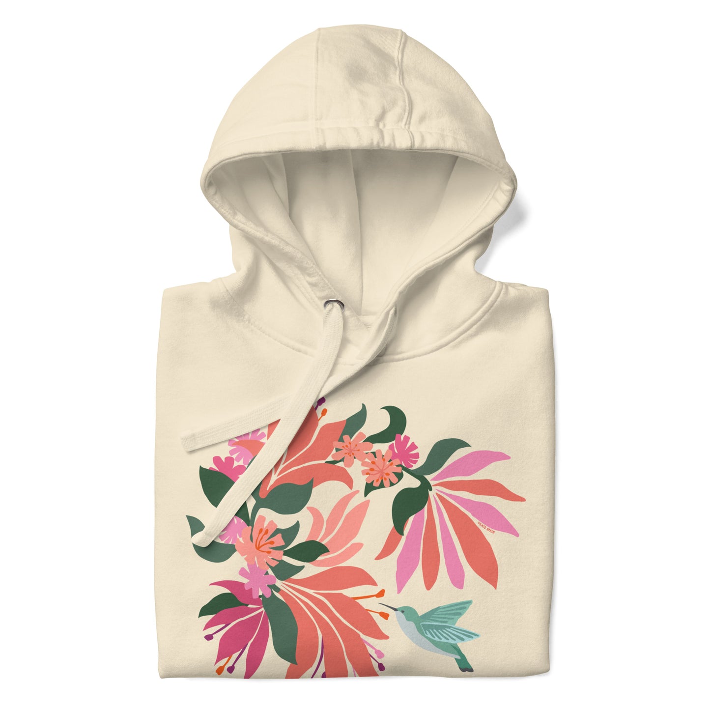 Folded off-white colored hoodie sweatshirt with large tropical flower design and small hummingbird graphic.