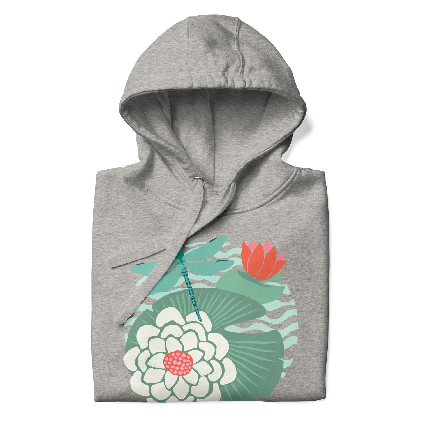 Illustrated dragonfly hovering over a green lily pad with pink and white water lily flowers on a rippled circular pond, printed on a soft premium athletic gray hoodie sweatshirt.