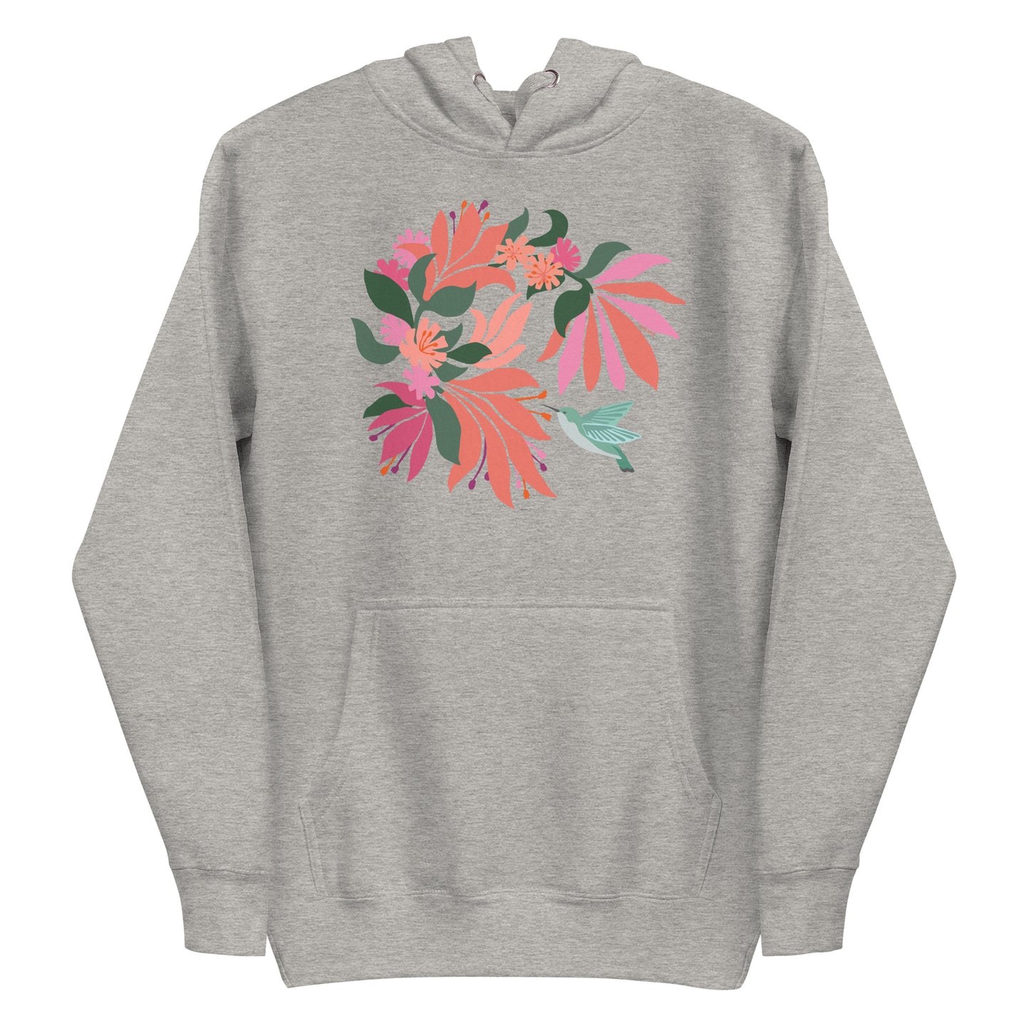 Folded athletic gray heather colored hoodie sweatshirt with large tropical flower design and small hummingbird graphic.