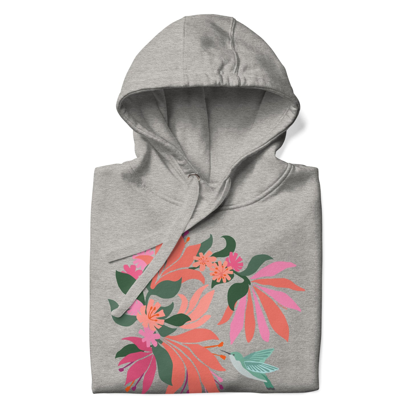 Folded athletic gray heather colored hoodie sweatshirt with large tropical flower design and small hummingbird graphic.