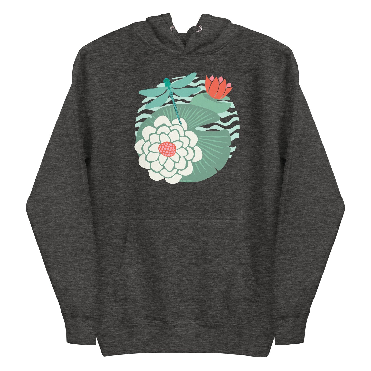 Illustrated dragonfly hovering over a green lily pad with pink and white water lily flowers on a rippled circular pond, printed on a soft premium charcoal gray heather colored hoodie sweatshirt.