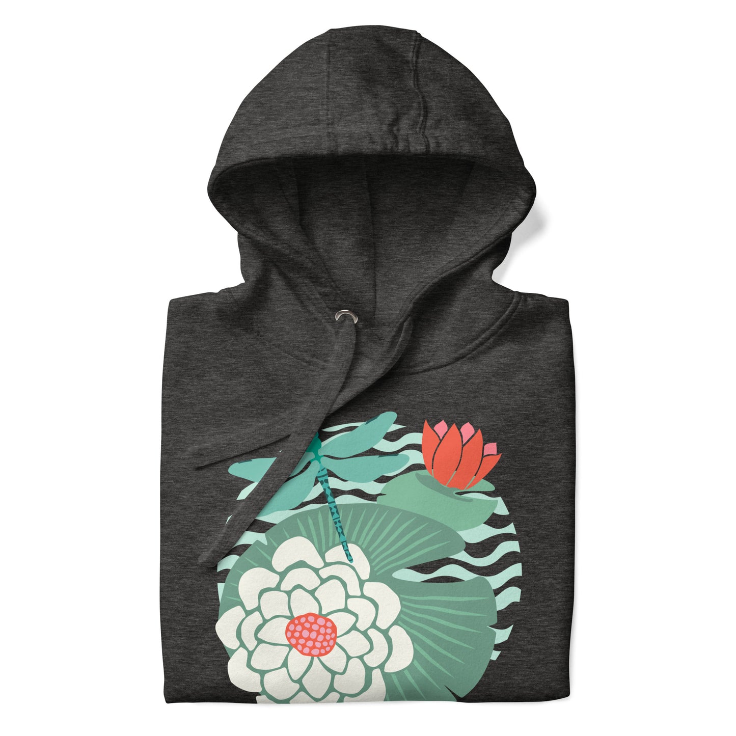 Illustrated dragonfly hovering over a green lily pad with pink and white water lily flowers on a rippled circular pond, printed on a soft premium charcoal gray heather colored hoodie sweatshirt.