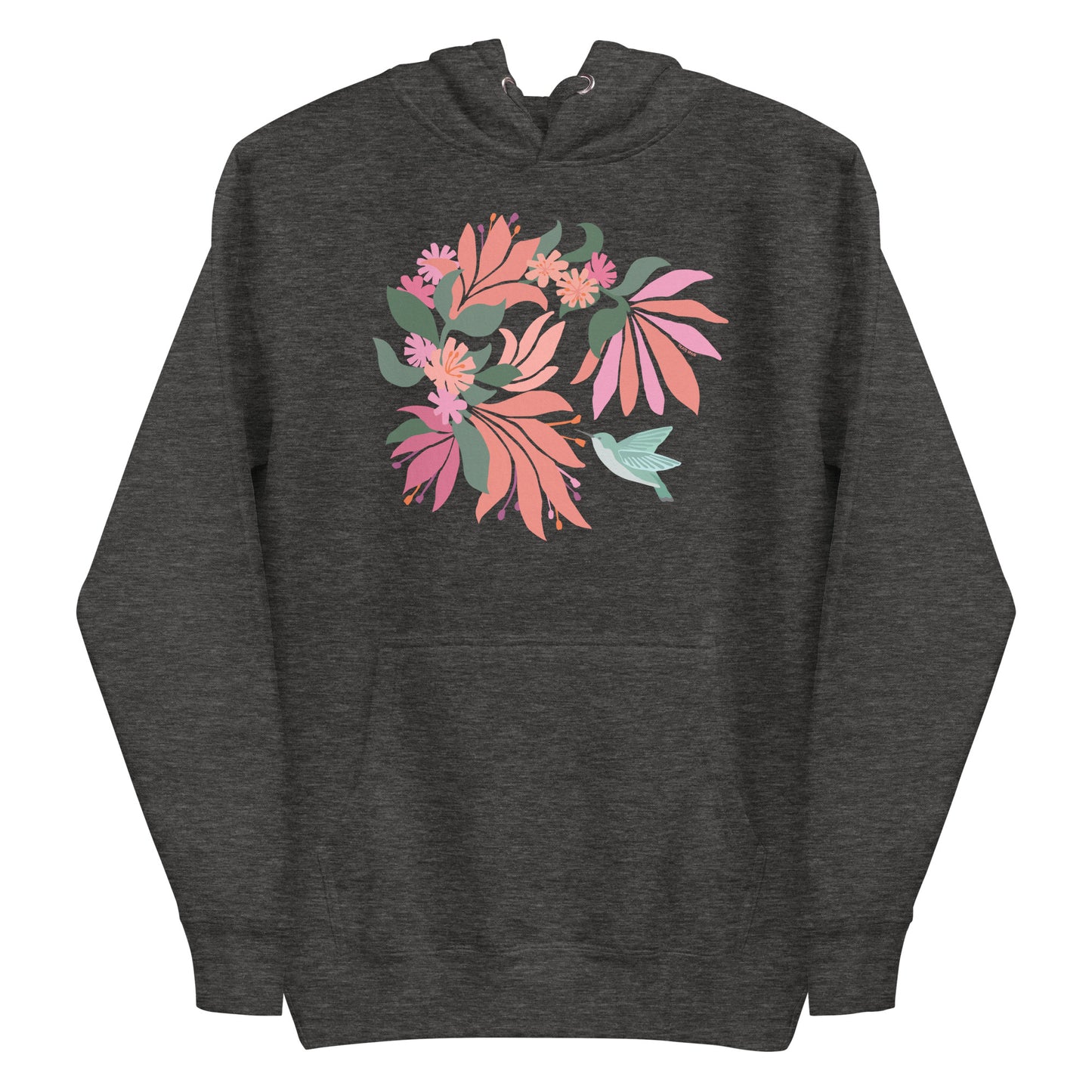 Folded charcoal gray heather colored hoodie sweatshirt with large tropical flower design and small hummingbird graphic.