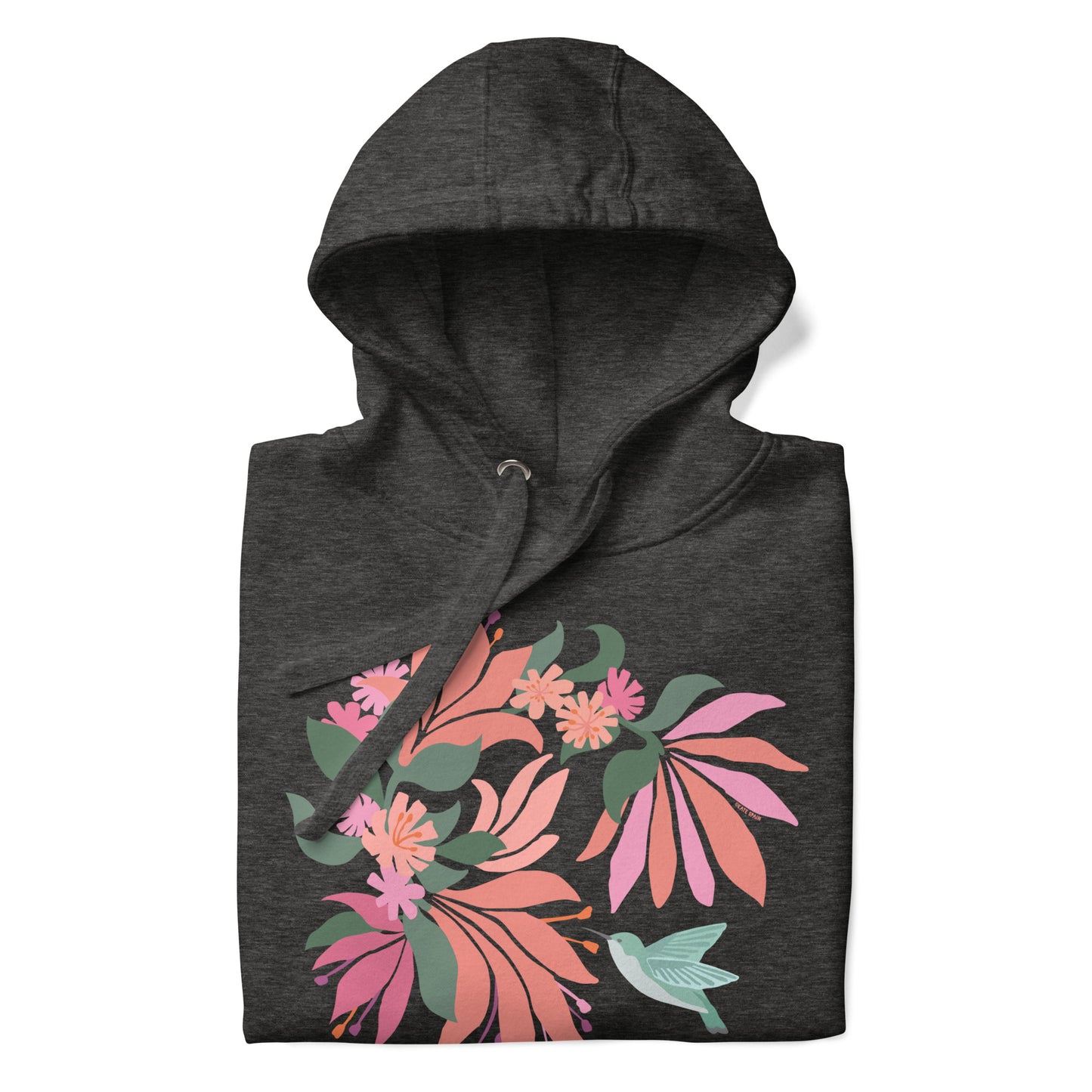 Folded charcoal gray heather colored hoodie sweatshirt with large tropical flower design and small hummingbird graphic.