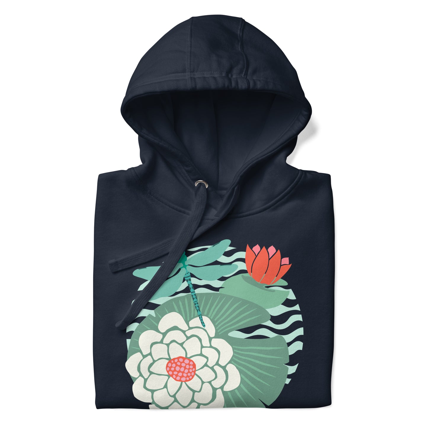 Illustrated dragonfly hovering over a green lily pad with pink and white water lily flowers on a rippled circular pond, printed on a soft premium navy blue colored hoodie sweatshirt.