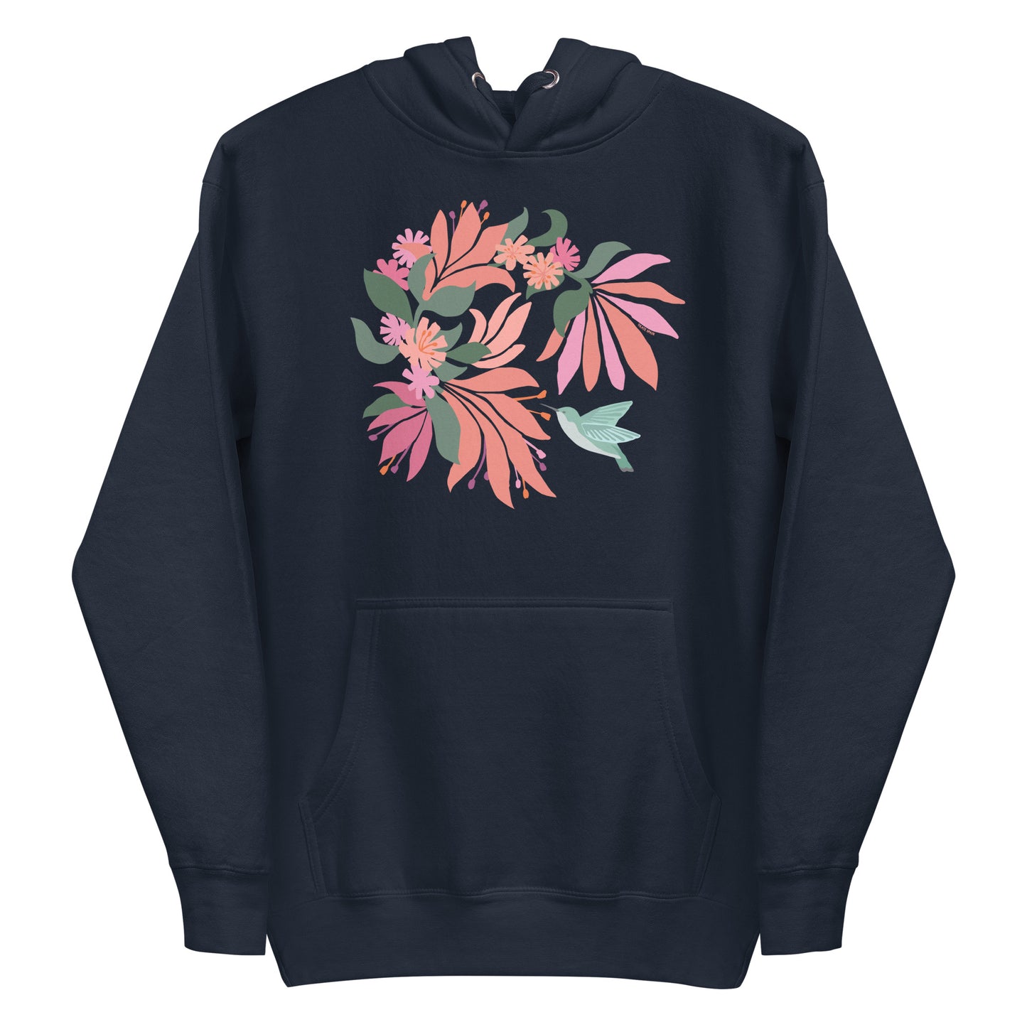 Folded navy blue colored hoodie sweatshirt with large tropical flower design and small hummingbird graphic.