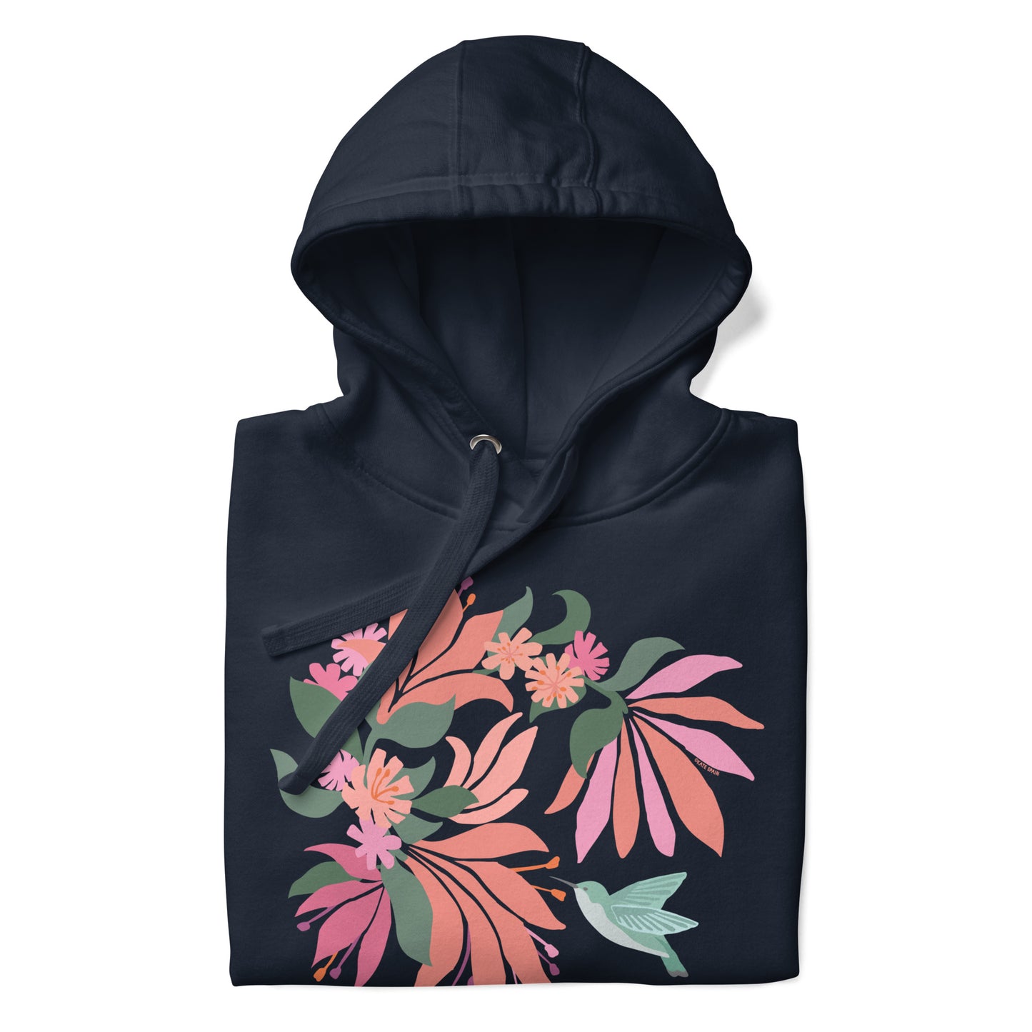 Folded navy blue colored hoodie sweatshirt with large tropical flower design and small hummingbird graphic.