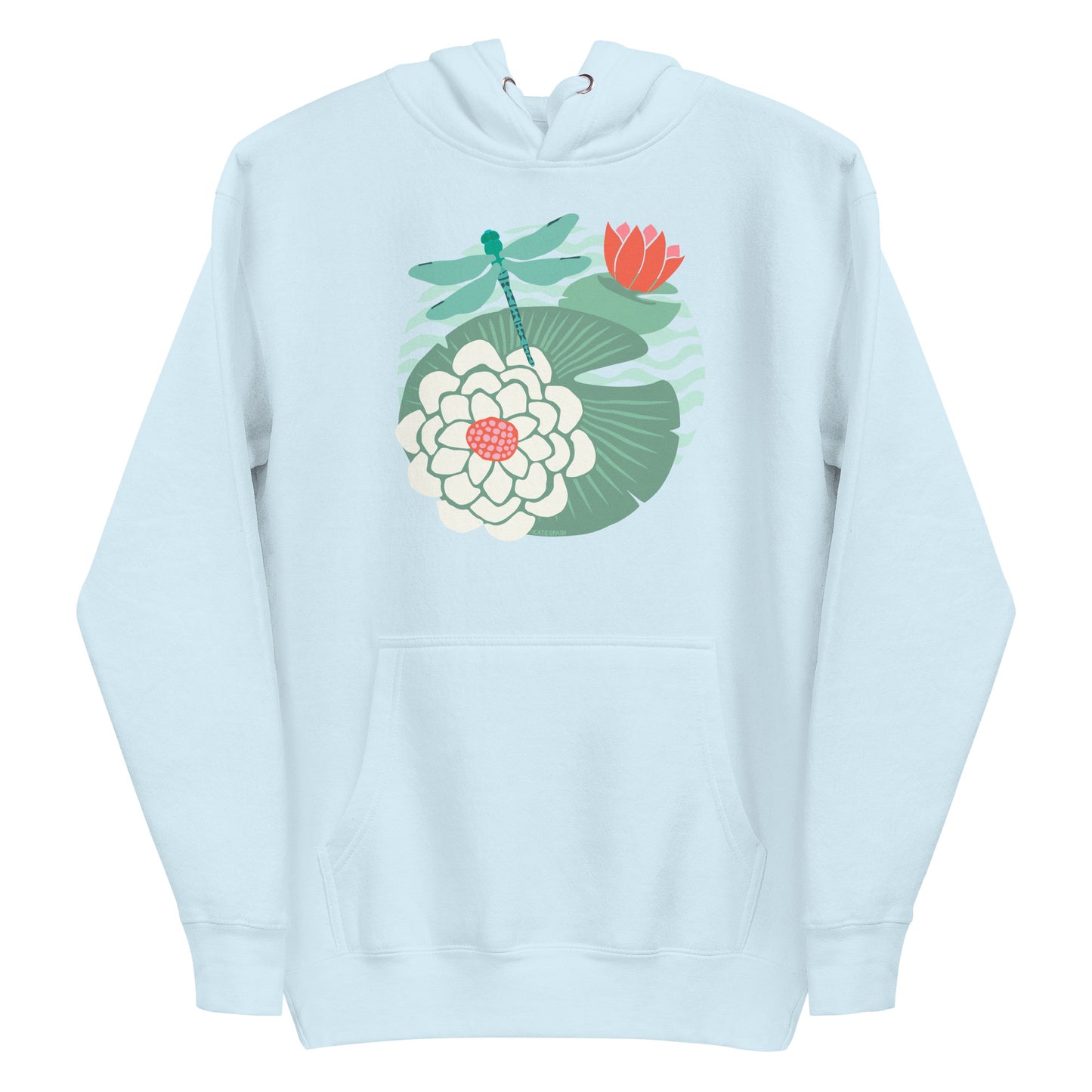 Illustrated dragonfly hovering over a green lily pad with pink and white water lily flowers on a rippled circular pond, printed on a soft premium sky blue colored hoodie sweatshirt.