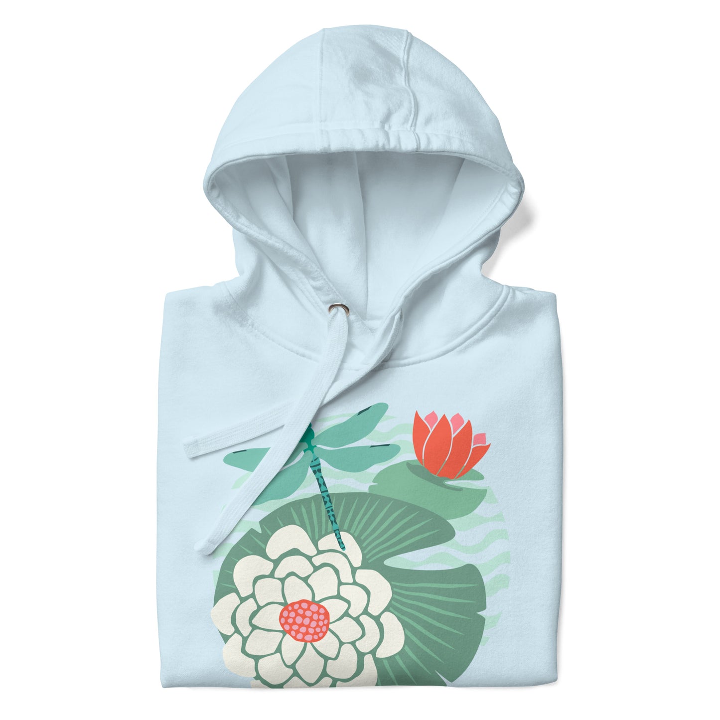 Illustrated dragonfly hovering over a green lily pad with pink and white water lily flowers on a rippled circular pond, printed on a soft premium sky blue colored hoodie sweatshirt.