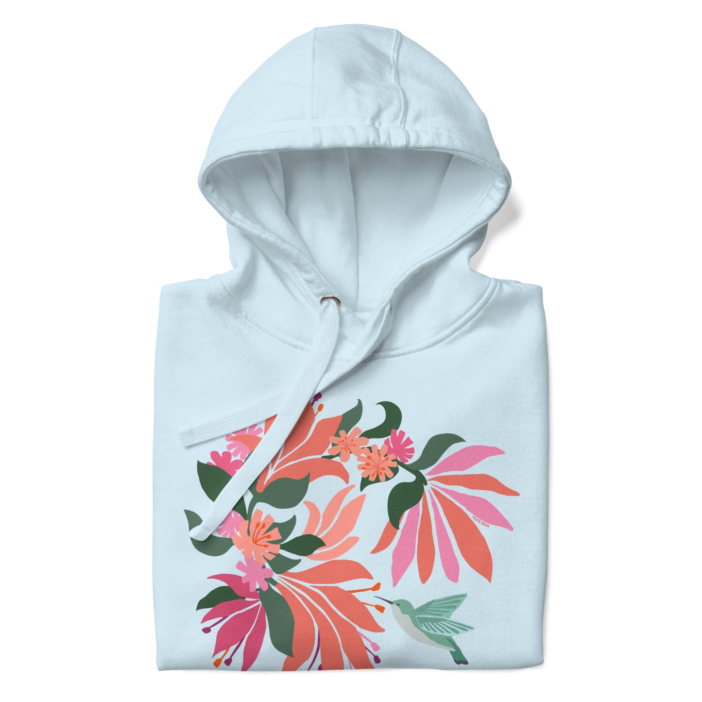 Folded sky blue colored hoodie sweatshirt with large tropical flower design and small hummingbird graphic.