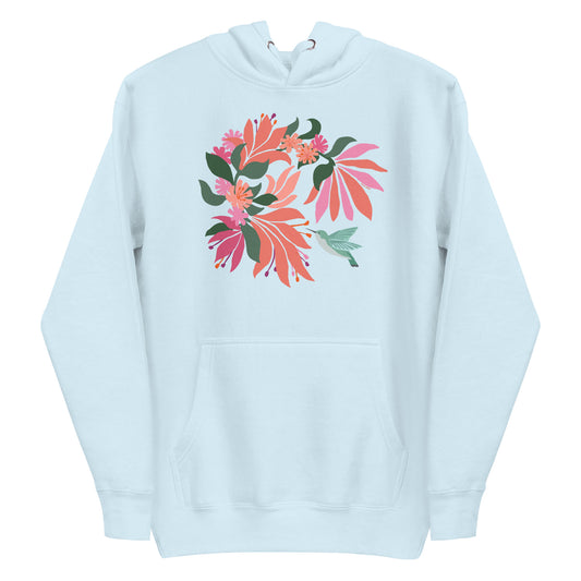 Folded sky blue colored hoodie sweatshirt with large tropical flower design and small hummingbird graphic.