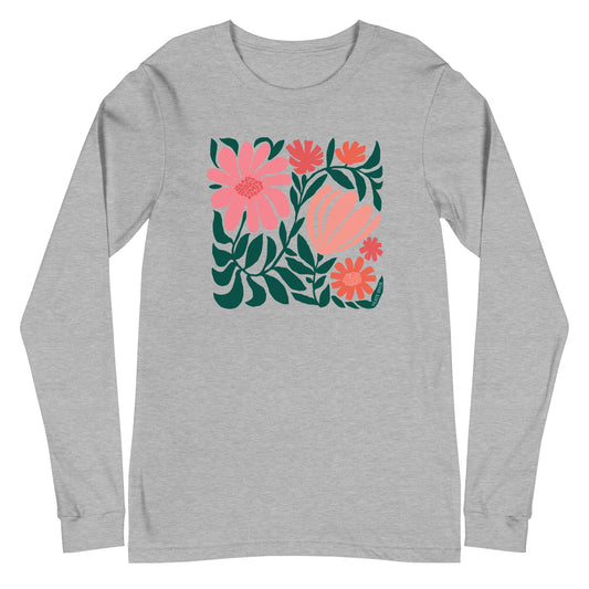 Minimalist floral graphic design with modern botanical illustrations printed on a high quality long sleeve athletic gray t-shirt.
