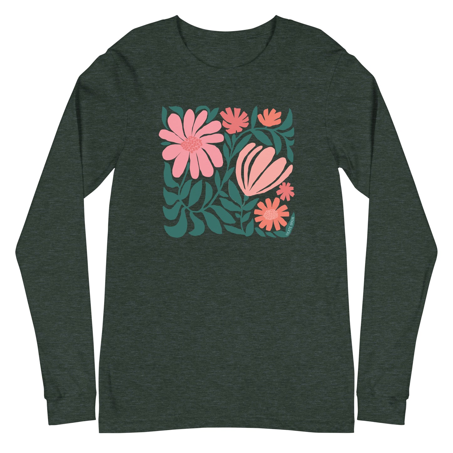 Minimalist floral graphic design with modern botanical illustrations printed on a high quality long sleeve heather forest green colored t-shirt.