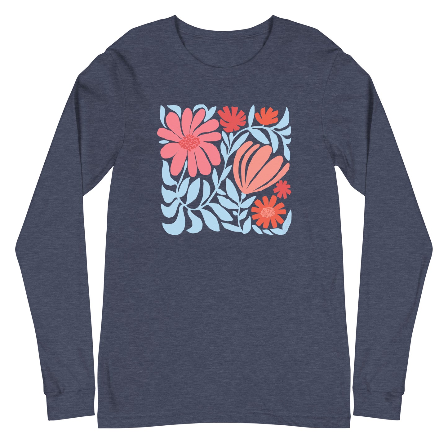 Minimalist floral graphic design with modern botanical illustrations printed on a high quality long sleeve heather navy t-shirt.