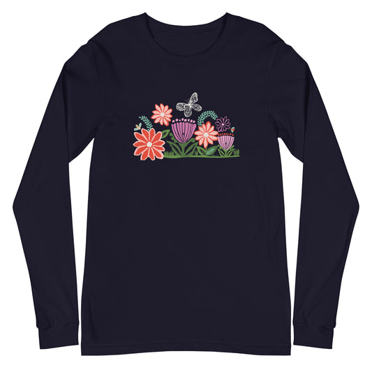 Bloom Long Sleeve T-Shirt Navy with butterfly, ladybug, bee and woodblock carved artistic flowers.
