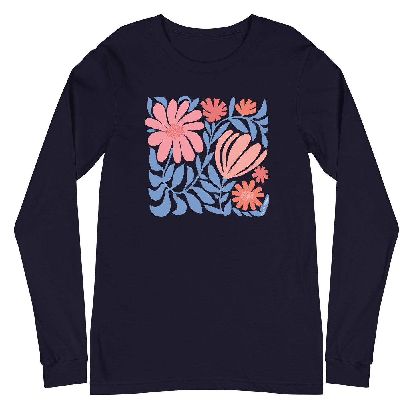 Minimalist floral graphic design with modern botanical illustrations printed on a high quality long sleeve navy blue t-shirt.