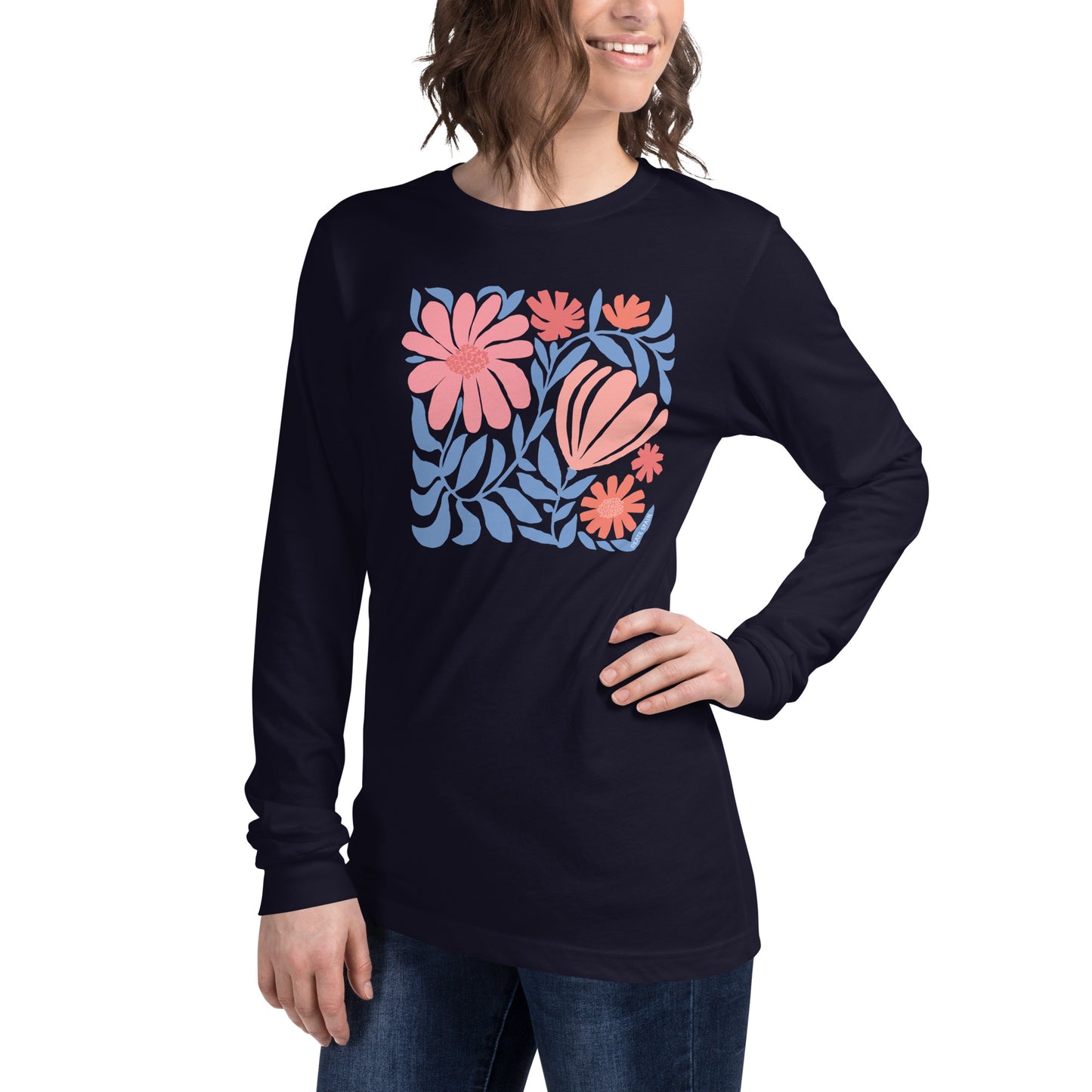 Minimalist floral graphic design with modern botanical illustrations printed on a high quality long sleeve t-shirt. Image is shown on model for scale.