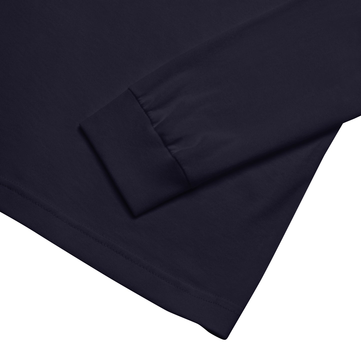 Close-up of stitching and hem on long sleeve t-shirt.