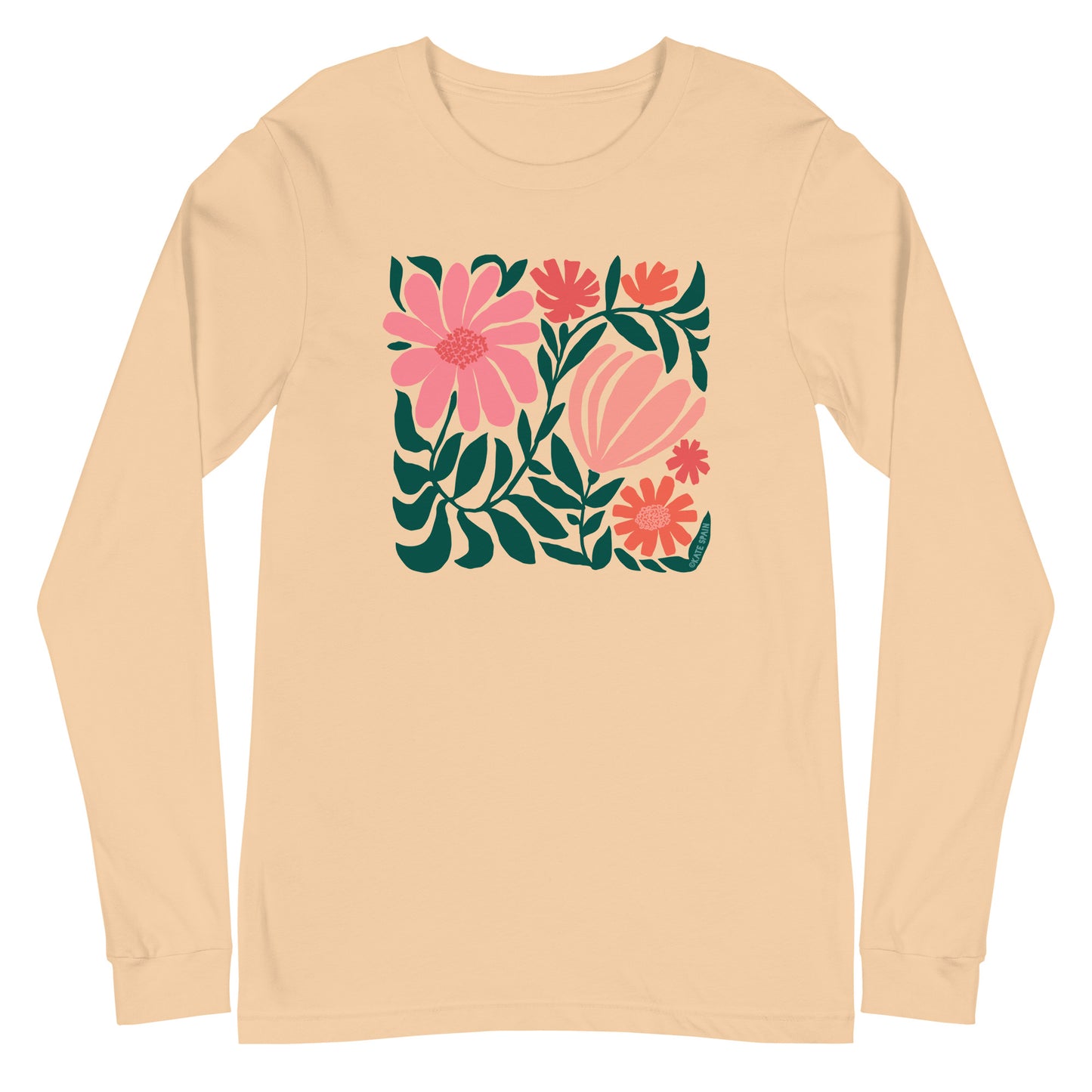 Minimalist floral graphic design with modern botanical illustrations printed on a high quality pale yellow sand colored long sleeve t-shirt.