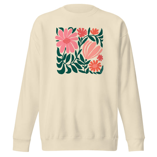 Minimalist floral graphic design with modern botanical illustrations printed on an off-white colored premium crewneck sweatshirt.