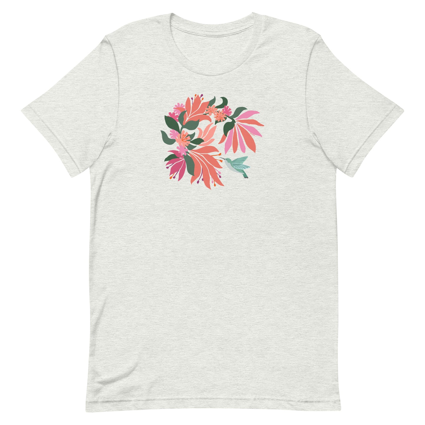 Pale athletic gray colored premium crewneck tshirt with large tropical flower design and small hummingbird graphic.