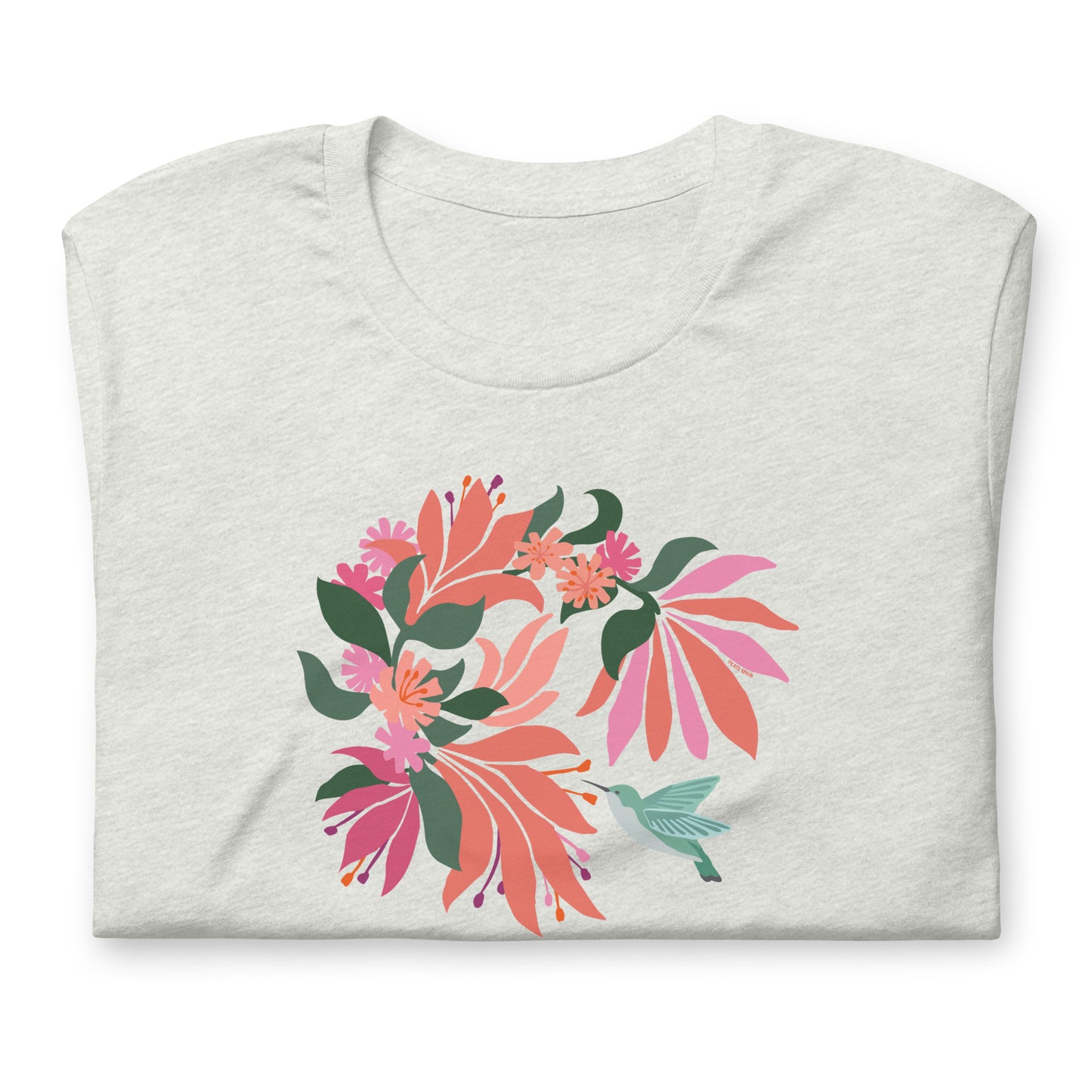 Pale athletic gray colored premium crewneck tshirt with large tropical flower design and small hummingbird graphic.