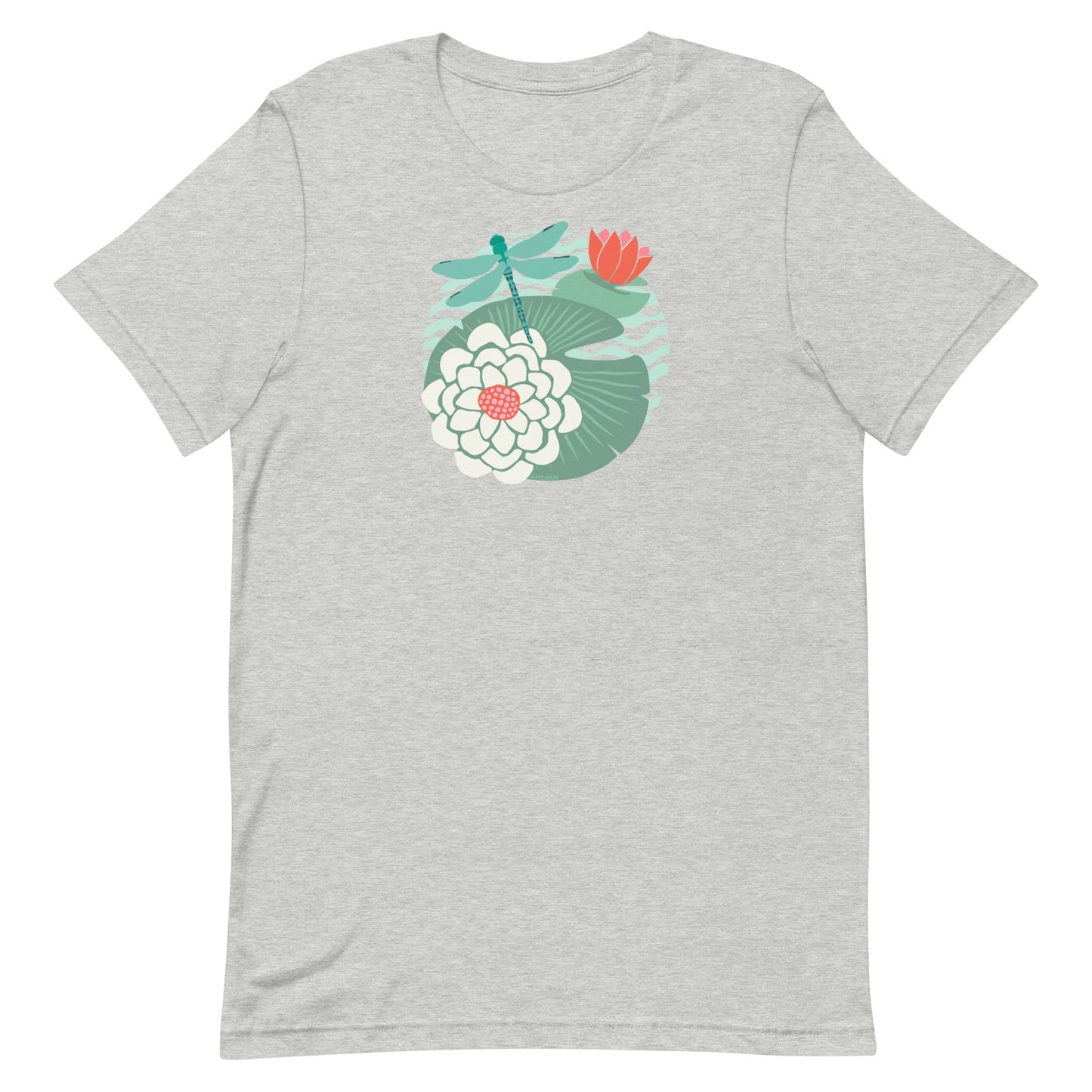 Illustrated dragonfly hovering over a green lily pad with pink and white water lily flowers on a calm pond, printed on a soft athletic gray colored premium quality crewneck t-shirt.