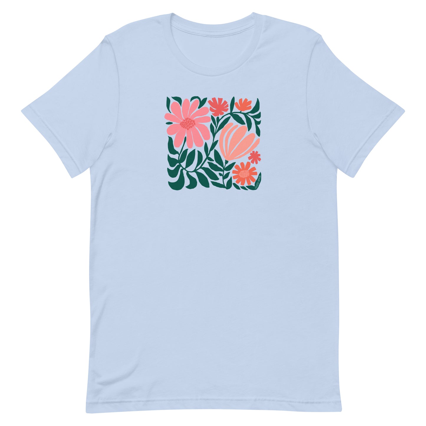 Minimalist floral graphic design with modern botanical illustrations printed on an pale baby blue colored premium crewneck tshirt.