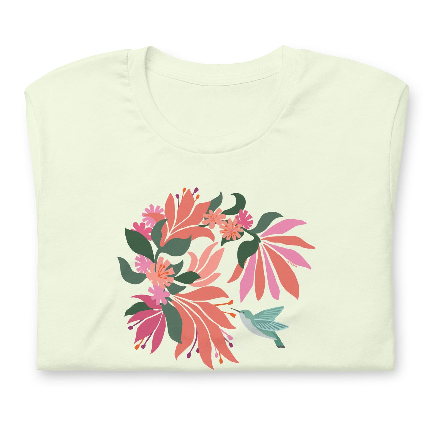 Pale Citron colored premium crewneck tshirt with large tropical flower design and small hummingbird graphic.