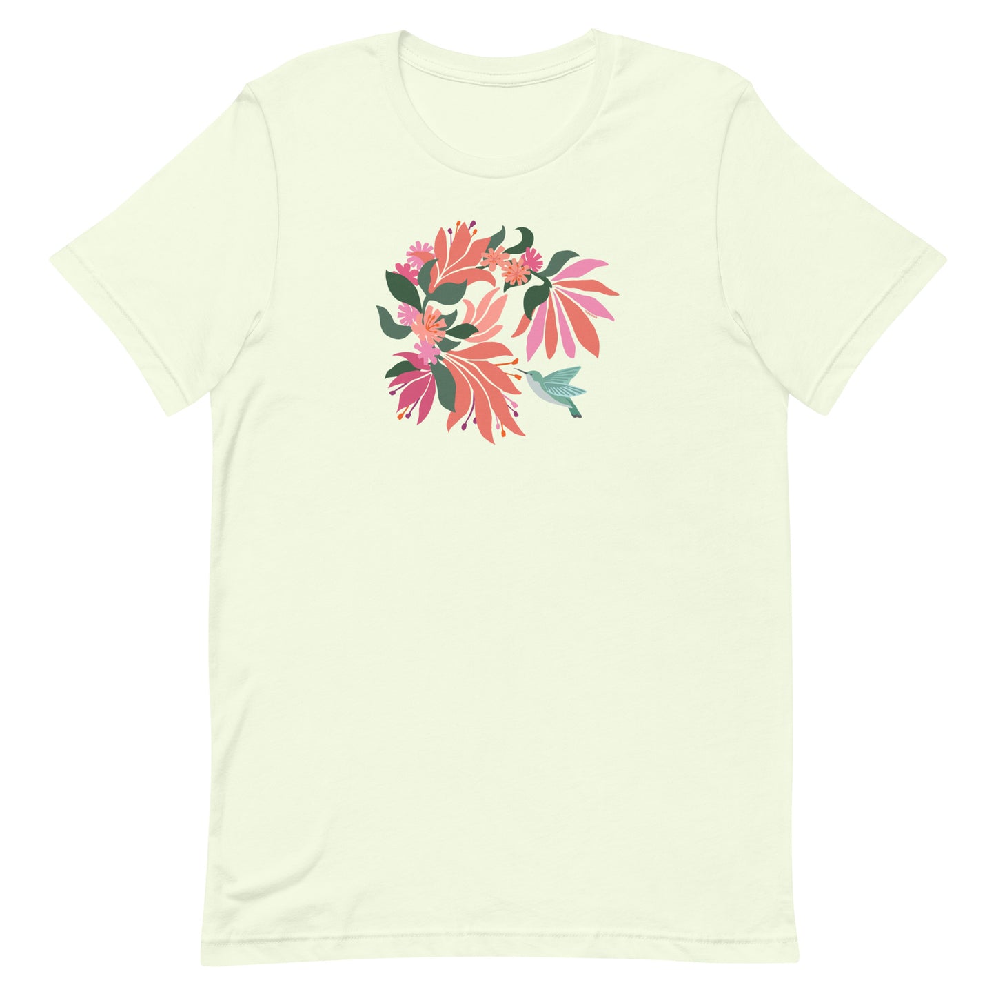 Pale Citron colored premium crewneck tshirt with large tropical flower design and small hummingbird graphic.