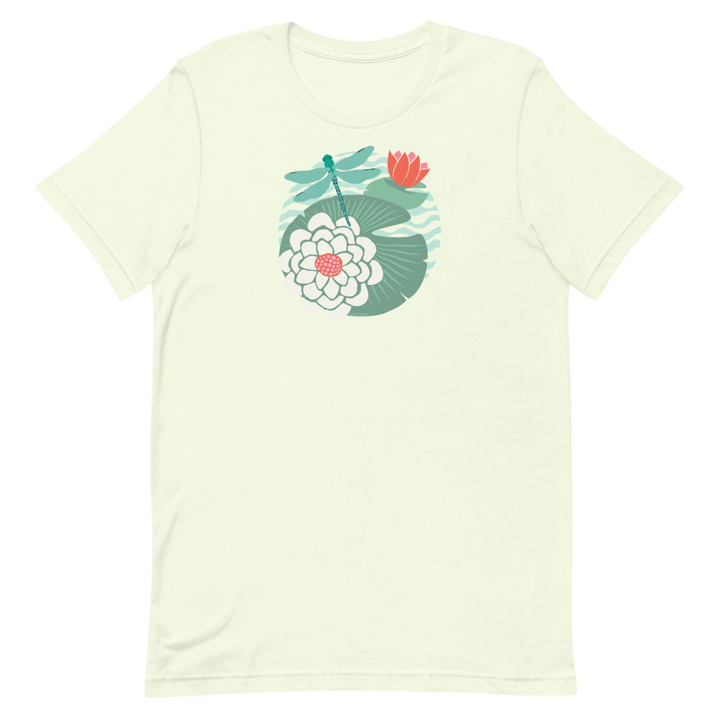 Illustrated dragonfly hovering over a green lily pad with pink and white water lily flowers on a calm pond, printed on a soft pale citron colored premium quality crewneck t-shirt.