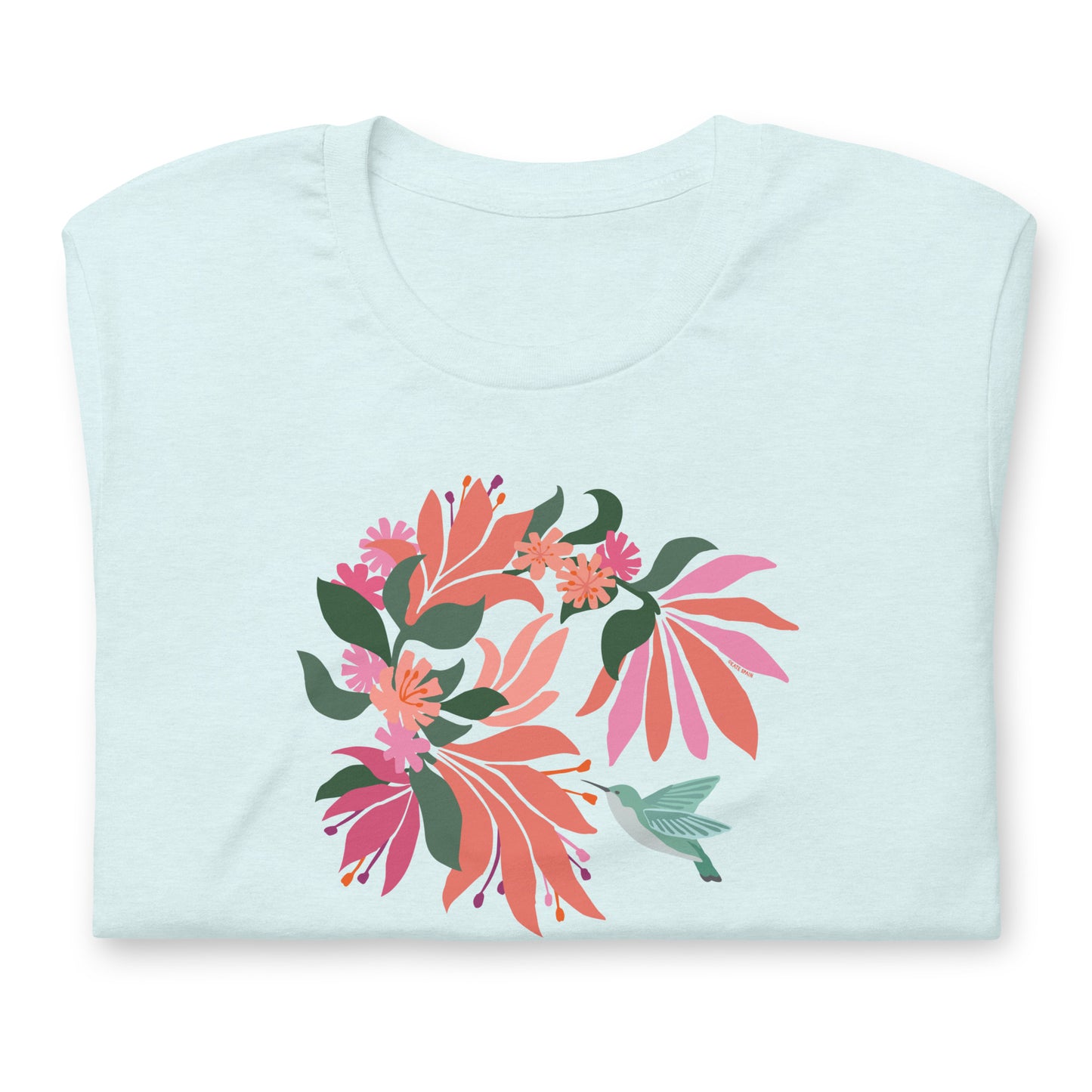 Heather Ice Blue colored premium crewneck tshirt with large tropical flower design and small hummingbird graphic.