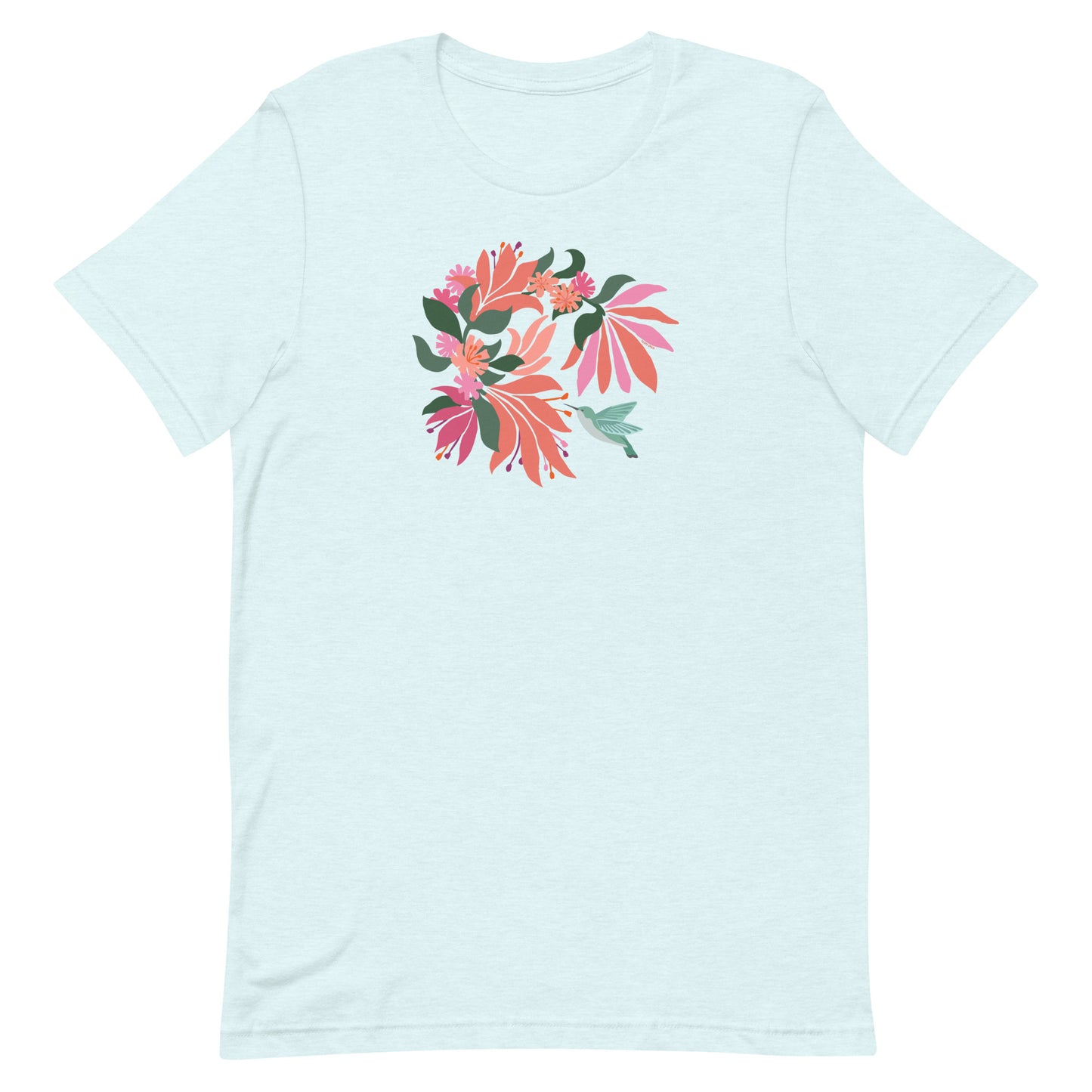Heather Ice Blue colored premium crewneck tshirt with large tropical flower design and small hummingbird graphic.