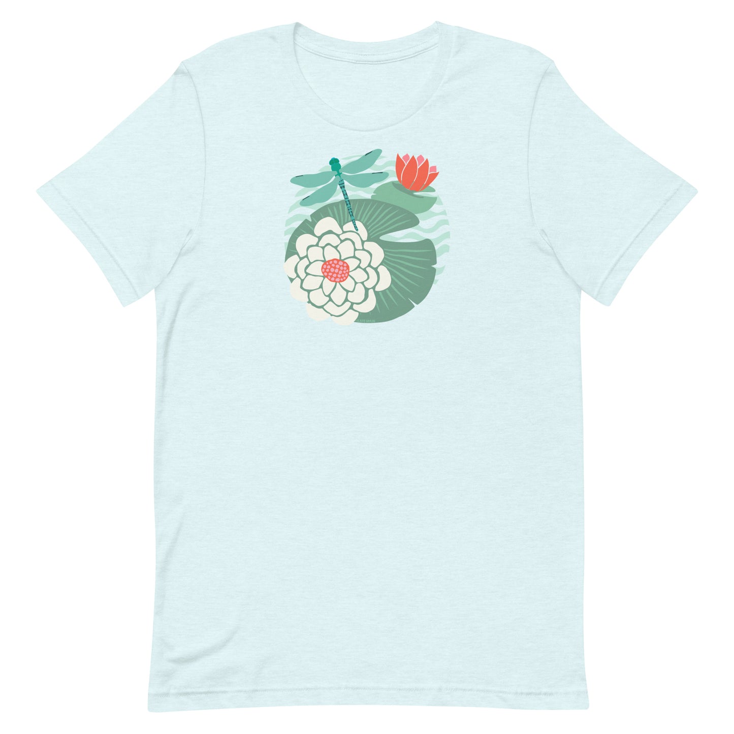 Illustrated dragonfly hovering over a green lily pad with pink and white water lily flowers on a calm pond, printed on a soft pale ice blue colored premium quality crewneck t-shirt.