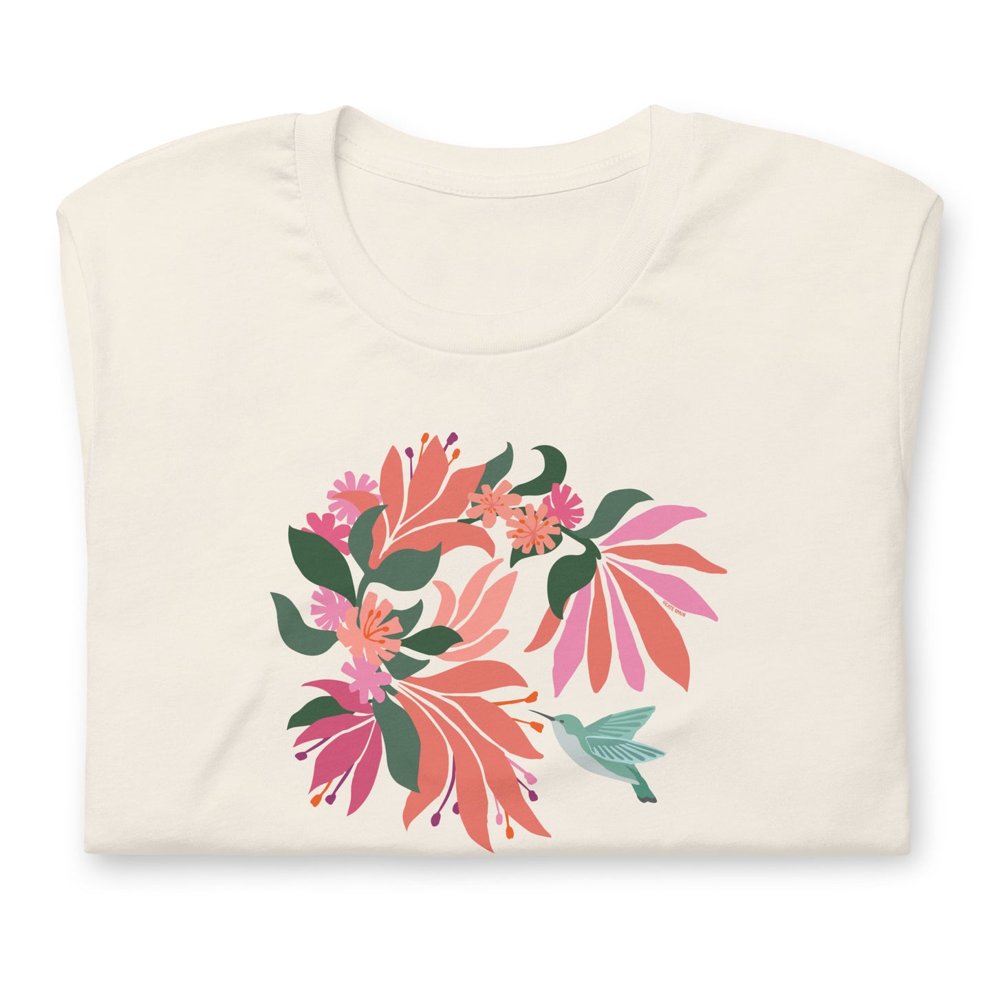 Pale off-white cream colored premium crewneck tshirt with large tropical flower design and small hummingbird graphic.