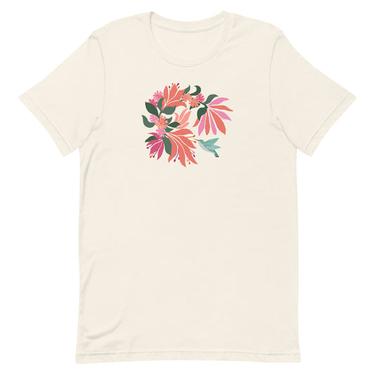 Off-white cream colored premium crewneck tshirt with large tropical flower design and small hummingbird graphic.