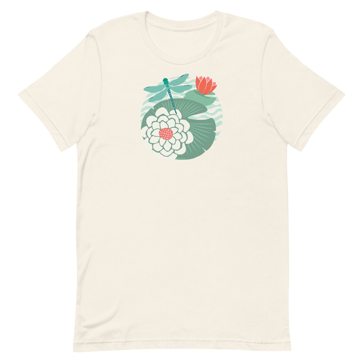 Illustrated dragonfly hovering over a green lily pad with pink and white water lily flowers on a calm pond, printed on a soft pale off-white cream colored premium quality crewneck t-shirt.