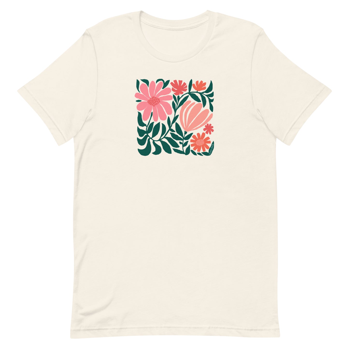 Minimalist floral graphic design with modern botanical illustrations printed on an pale off-white cream colored premium crewneck tshirt.