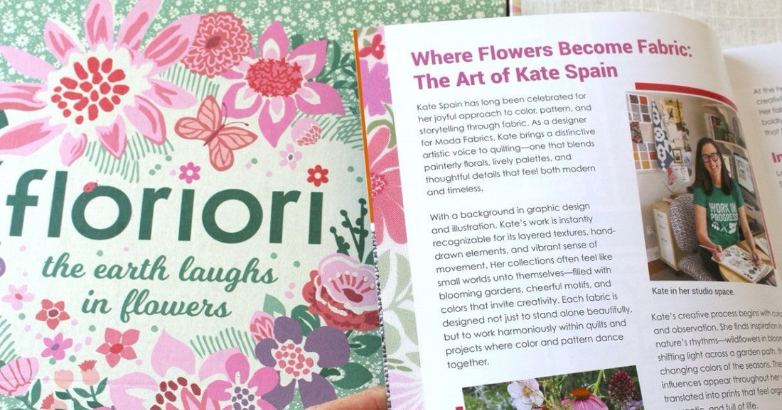 Kate Spain featured in Moda Fabrics May 2026 catalog for her new Floriori fabric collection.