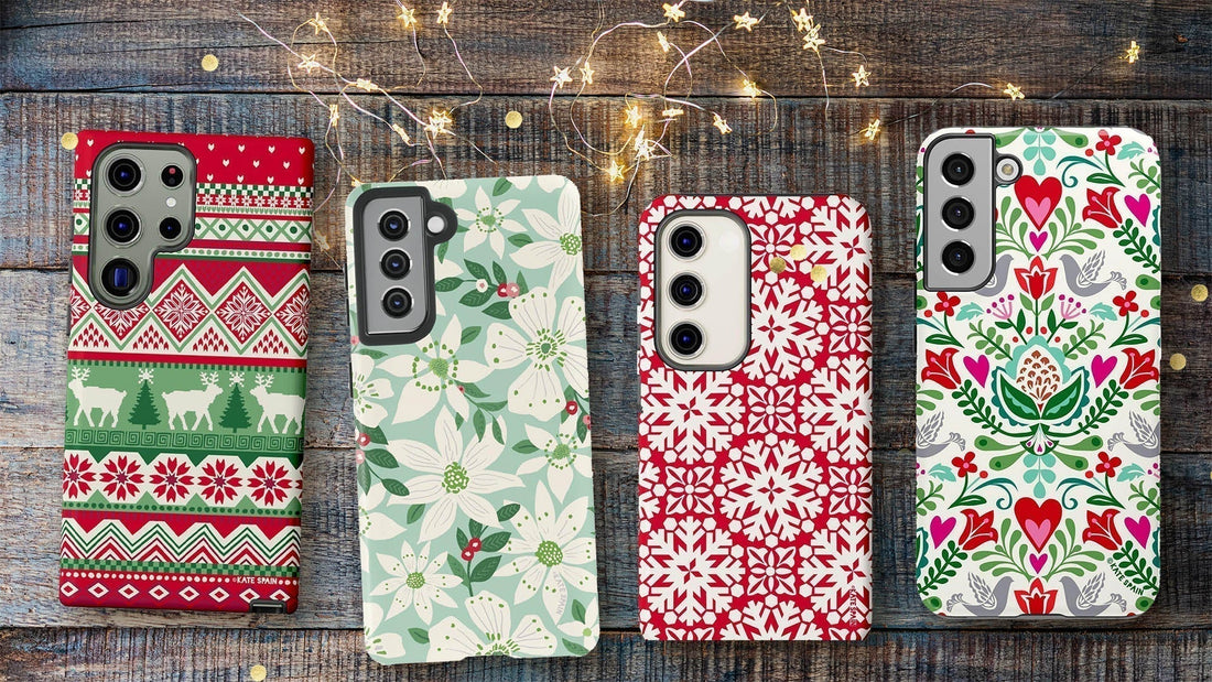 Holiday gift guide banner featuring artist-designed Samsung phone cases by Kate Spain for Floriori