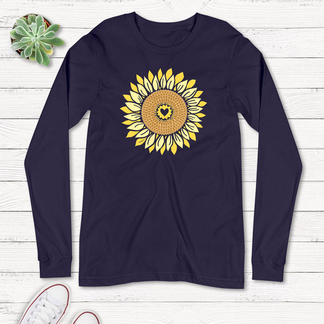 cotton long sleeve tshirt with large colorful sunflower graphic